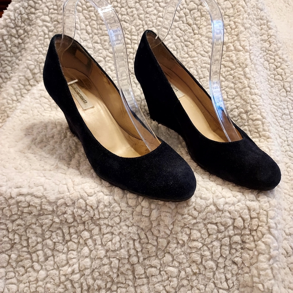 L. K. Bennett Court Wedges Black Suede Leather sz 37.5 Academia Witchy